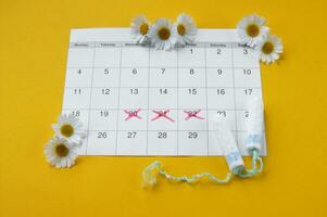 menstruel tampons sur menstruation période calendrier avec camomille sur Jaune Contexte. photo