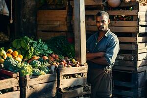 ai généré portrait de une barbu africain américain homme vente des légumes à marché photo