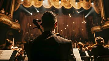 ai généré arrière vue de une Masculin musicien en jouant le violon dans une concert salle photo