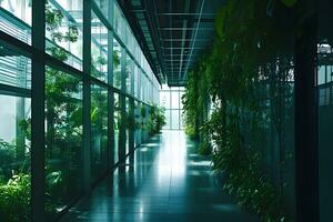 ai généré longue couloir dans une moderne Bureau bâtiment avec verre des murs et vert les plantes photo