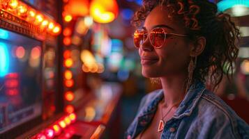 ai généré Jeune africain américain femme en jouant fente machine à nuit club. photo