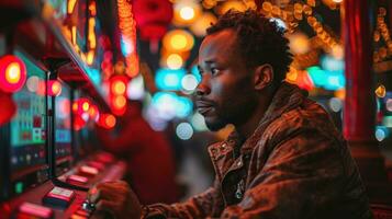 ai généré africain américain homme en jouant fente machine à nuit dans le ville. photo