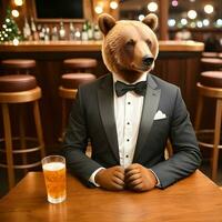 ai généré ours habillé dans une de fête vacances costume , séance à une table dans une bar. anthropomorphe animaux. génératif ai. photo