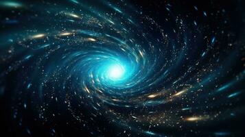 ai généré spirale tournant noir trou dans cosmos dans Contexte de brillant étoiles, dans bleu turquoise couleurs. gros claquer. spirale galaxie. idéal pour arrière-plans ou sur le thème de l'espace contenu photo