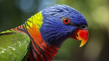 ai généré côté vue fermer de magnifique et coloré Lorikeet vert nuque oiseau. génératif ai photo