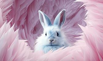 ai généré proche en haut vue de une mignonne lapin prise du repos dans une rond rose Couleur forme lit photo