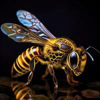 ai généré la nature harmonie fermer de une abeille gracieusement repos sur une rayon de miel. photo