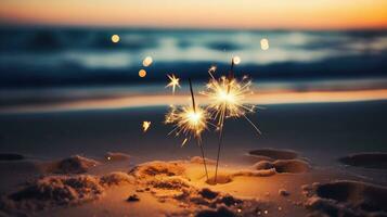 ai généré Bengale lumières sur le plage près océan photo