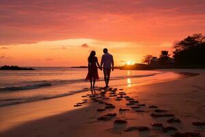 ai généré cœurs forme dans le le sable à le plage de le coucher du soleil chaud lumière. photo