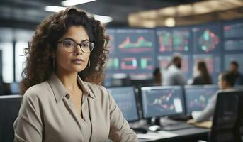 ai généré photographier de une femme d'affaires travail dans un Bureau avec une ordinateur photo