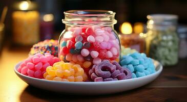 ai généré tari avec sucre dans une bol est sucré plat de différent couleurs lequel est très savoureux photo