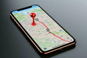 ai généré mobile cartographie 3d rendre de téléphone intelligent avec rouge carte aiguille photo
