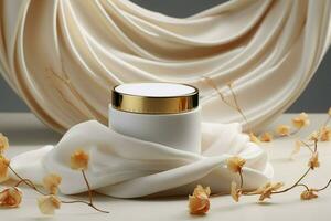 ai généré cosmétique élégance blanc crème pot sur soie podium avec d'or accents photo