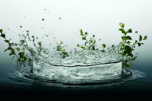 ai généré beauté produit vitrine blanc rond podium avec feuilles, l'eau éclaboussure photo