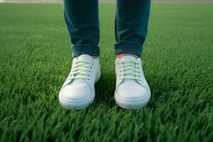 ai généré mode mode de vie pieds dans blanc baskets sur luxuriant vert herbe photo