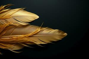 ai généré sophistiqué conception d'or plumes sur noir arrière-plan, parfait pour l'image de marque photo