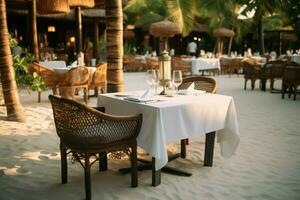 ai généré exotique luxe à manger été ouvert air restaurant à une tropical Hôtel photo