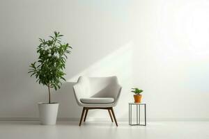 ai généré minimaliste intérieur chaise, lampe, vert plante contre blanc toile de fond photo