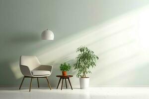 ai généré simplicité présenté chaise, lampe, vert plante avec blanc copie espace photo