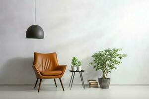 ai généré élégant intérieur éléments chaise, lampe, plante sur blanc Contexte photo