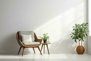 ai généré élégant intérieur éléments chaise, lampe, plante sur blanc Contexte photo