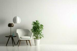 ai généré minimaliste intérieur chaise, lampe, vert plante contre blanc toile de fond photo