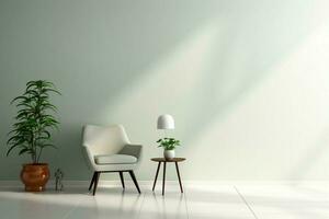 ai généré simplicité présenté chaise, lampe, vert plante avec blanc copie espace photo