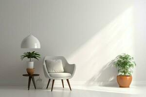 ai généré élégant intérieur éléments chaise, lampe, plante sur blanc Contexte photo