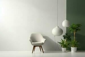 ai généré simplicité présenté chaise, lampe, vert plante avec blanc copie espace photo