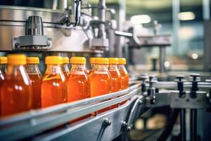 ai généré convoyeur ceinture , boisson usine de fruit jus produit pour En traitement et embouteillage , ai génératif photo