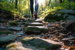 ai généré proche en haut une personne pieds en marchant sur rochers , en marchant sur une Piste dans le les bois , Voyage concept, ai génératif photo