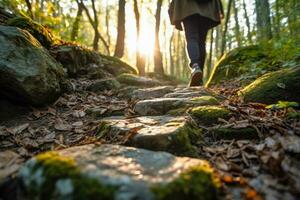 ai généré proche en haut une personne pieds en marchant sur rochers , en marchant sur une Piste dans le les bois , Voyage concept, ai génératif photo