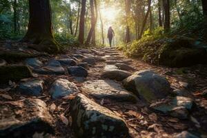 ai généré proche en haut une personne pieds en marchant sur rochers , en marchant sur une Piste dans le les bois , Voyage concept, ai génératif photo