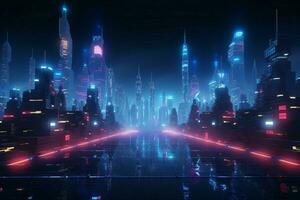 ai généré futuriste 3d rendre cyber nuit paysage urbain avec captivant luminosité photo