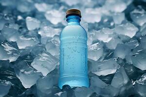 ai généré du froid hydratation l'eau bouteille affiché sur une lit de la glace cubes photo