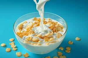 ai généré petit déjeuner scène blé flocons avec lait, Haut vue sur bleu photo