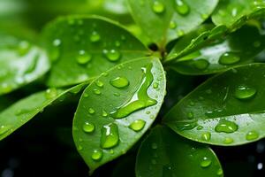 ai généré feuillu fraîcheur l'eau sur vert feuille arrière-plan, la nature inspiré réglage photo