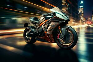 ai généré Urbain la vitesse concept moto sur route avec abstrait lumière les sentiers photo