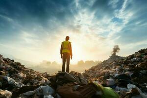 ai généré écologique ingénieur affronte une Montagne de dégradé déchets et des ordures photo