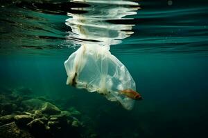 ai généré Marin la pollution Plastique sac de manière préjudiciable submergé sous le mer photo
