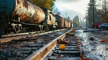 ai généré cargaison train sur le chemin de fer station dans le l'automne brumeux Matin. photo
