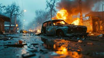 ai généré brûlant voiture dans le ville à nuit. photo