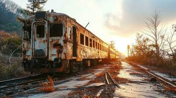 ai généré abandonné train sur le chemin de fer des pistes à le coucher du soleil dans l'automne. photo