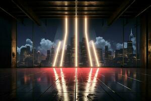 ai généré néon enchantement foncé bâtiment silhouette illuminé avec mystérieux lueur photo