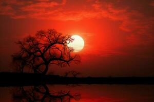 ai généré abstrait beauté rouge le coucher du soleil ciel avec rond Soleil et silhouette arbre photo