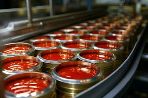 ai généré nourriture industrie vitrine en conserve sardines dans une tomate sauce usine photo