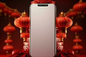 ai généré innovant 3d bannière avec téléphone intelligent, lanterne chinois Nouveau année fête photo