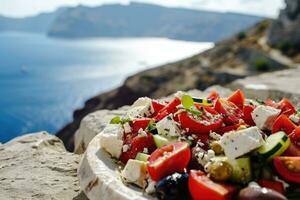 ai généré grec salade avec tomates, concombres, blanc feta fromage, Olives et le mer dans le Contexte photo