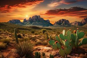 ai généré sauvage Ouest Texas désert paysage avec le coucher du soleil avec montagnes et cactus. photo