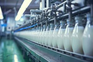 ai généré Lait usine. robotique usine ligne pour En traitement et embouteillage de lait. photo